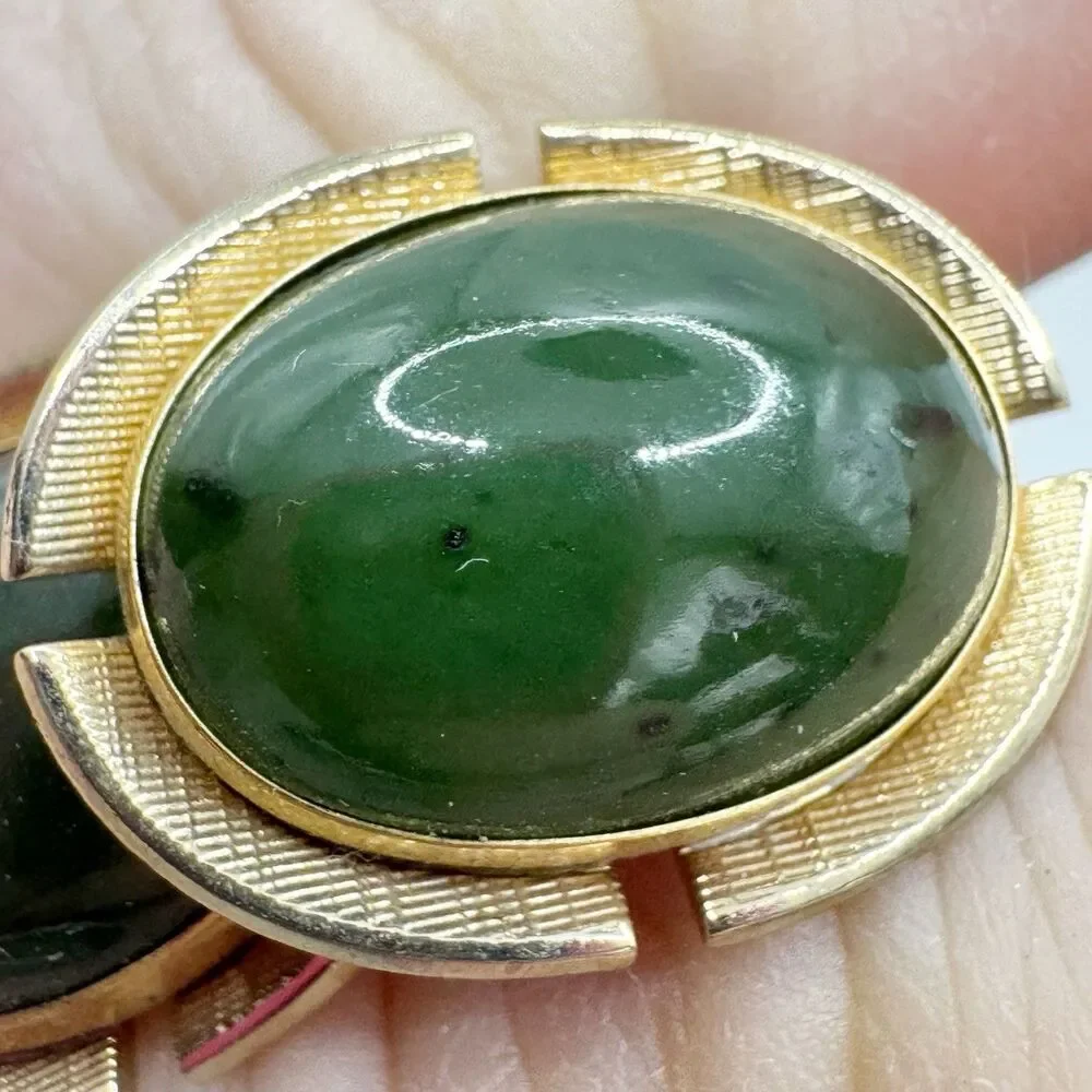Anson Vtg MCM Green Faux Jade Cabochon Oval Gold wedding Cufflinks Mid Century
